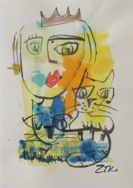 Königin mit Katzen Portrait expressive Zeichnung Unikat 59x42 Aquarell Zeichnung Gouache Tusche