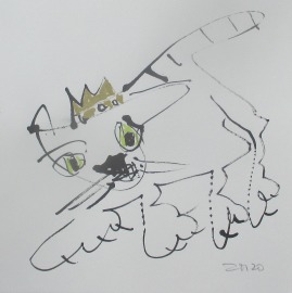 Katze mit Krone expressive Original Zeichnung auf Papier Tusche -20x20 cm