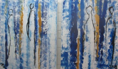 reduzierte Personen in blau weiss gold - pastoses Acrylbild 2teilig 160x100 cm Original Gemälde