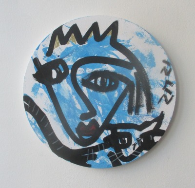 blaue Königin mit Katze Original-Zeichnung auf 30 cm runder Leinwand, Acryl