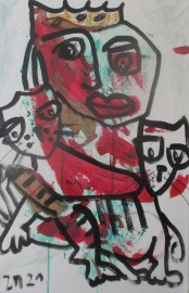 expressive rote Königin mit Katze, Leinwand / Zeichnung 40x60 cm auf Leinwand original