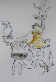 Tiere Kuh, Frosch, Katze, Eule - Zeichnung DinA4 original Din A4 Feder-Zeichnung Aquarelle