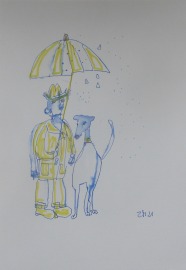 Gassi mit Hund im Regen - Zeichnung DinA4 original Din A4 Feder-Zeichnung Aquarelle