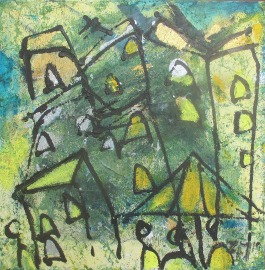 Toscana, Original, Malerei, Acryl,blau, grüne Stadt, Leinwand Zeichnung, moderne Kunst, Italien,