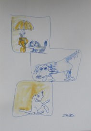 Hundeleben Hund im Regen - Zeichnung DinA4 original Din A4 Feder-Zeichnung Aquarelle