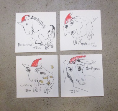 4 Weihnachten Tiere expressive Original Zeichnung auf Papier Tusche 4x20x20 cm Kuh Esel Schwein Pfer