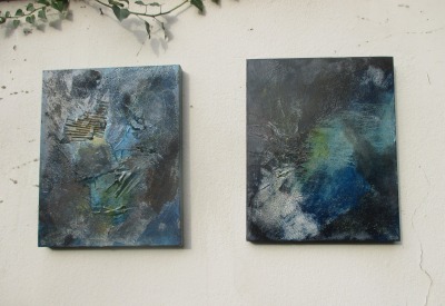 2 Blaue Collagen auf Leinwand Original mixedmedia je 40x 50 cm Sonja Zeltner-Müller