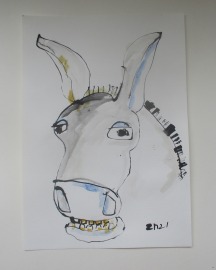 Esel- Original Zeichnung auf Künstlerpapier -30x21 cm mit Bambusfeder - farbige Tuschen schwarz-wei