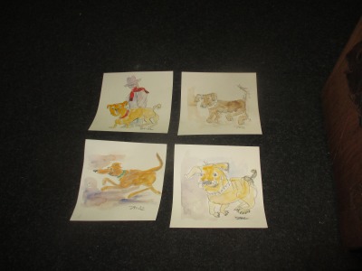 4 Hunde Bulldoggen expressive Original Zeichnung auf Papier Tusche 4x20x20 cm