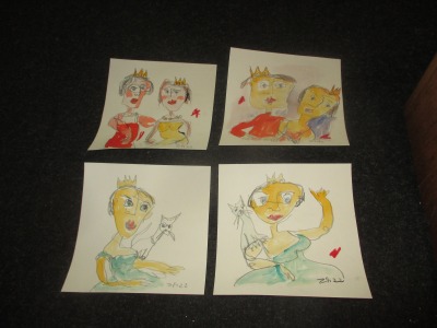 4 Prinzessinnen Königinnen expressive Original Zeichnung auf Papier Tusche 4x20x20 cm