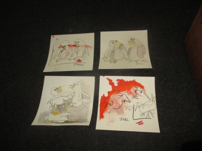 4 x wilde Vögel expressive Original Zeichnungen auf Papier Tusche 4x20x20 cm