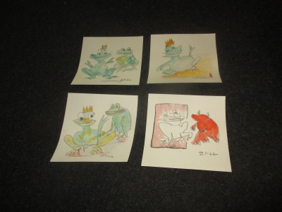 4 Frösche Froschkönige expressive Original Zeichnung auf Papier Tusche 4x20x20 cm