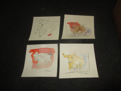 4 x wilde Schweine expressive Original Zeichnungen auf Papier Tusche 4x20x20 cm