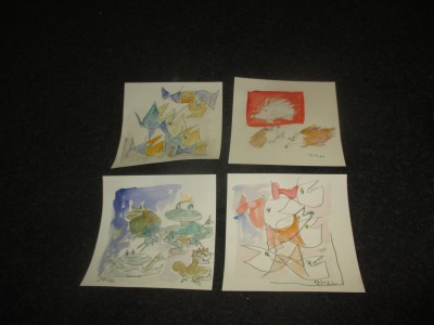 4 x wilde Frösche, Igel, Fische expressive Original Zeichnungen auf Papier Tusche 4x20x20 cm