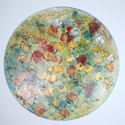 abstrakte Blumen Malerei Original Zeichnung Oel und Acryl auf runder Leinwand gespannt 90 cm Frühli