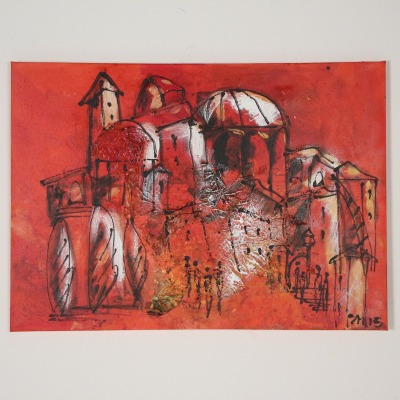 Painting, Art, Toscana, Collage, Red Canvas, Original Drawing by Sonja Zeltner-Müller