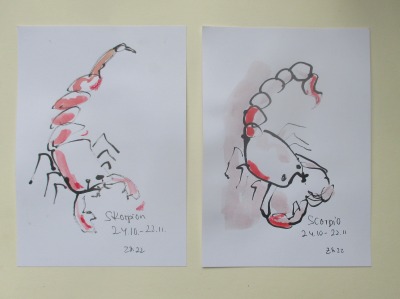 2 Skorpion - Sternzeichen - Zeichnung- Original Astrologie rot Tusche Gouache Tier Aquarell 21x14cm
