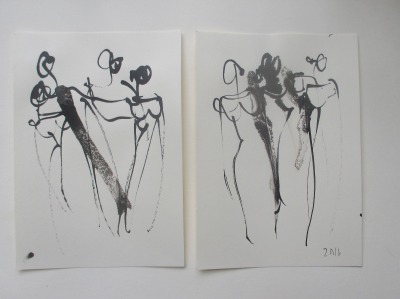 Frauen - 2 Zeichnungen - Tusche Gouache Aquarell 21x14 schwarz weiss