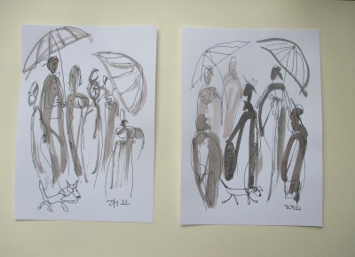 Frauen im Regen Original 2 Zeichnungen Kaffee - Schwarz-weiss Unikat Tusche Zeichnungen