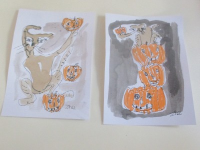 Halloween Cats Katzen mit Kürbissen Original 2 Zeichnungen Kaffee Unikat Tusche Zeichnungen