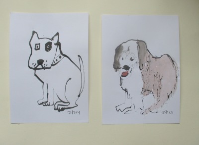 Bulli und Bobtail 2 Zeichnungen Original Tusche Gouache Tier Hunde Aquarell 21x14 DinA5