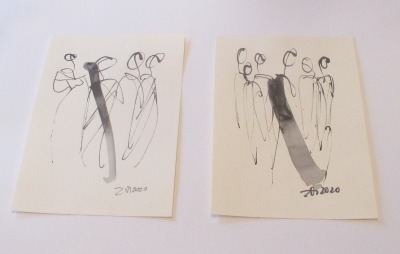 Frauen 2 Zeichnungen schwarz/weiß je 30x21 original Feder-Zeichnungen Aquarell Tusche