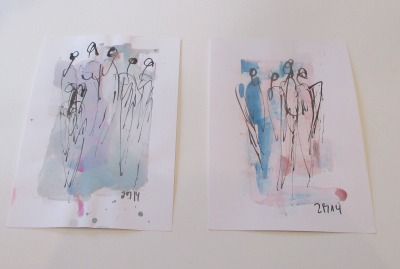 Engel und Frauen Pastell blau rose 2 x 30x21 Original Feder-Zeichnungen Aquarell Tusche