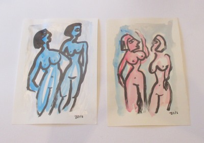 expressive Akte - 2 Original Zeichnungen auf Künstlerpapier 2 Frauen - farbige Tuschen