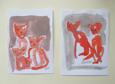 2 witzige Katzen Zeichnungen DinA5 original Tusche mit Kaffee und Scharlach rot