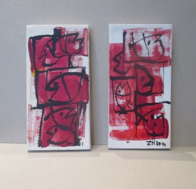 rote Fische 2 Original-Zeichnungen Acryl auf Leinwand 2x 20x10x2cm