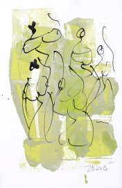 Frauen im Tanz - Zeichnung auf Papier in Passepartout Original Gouache und gold
