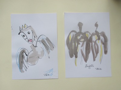 2 Engel Original Zeichnungen mit Kaffee - Schwarz-weiss Unikat Tusche Zeichnungen