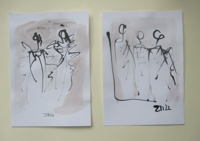 2 abstrakte Engel Original Zeichnungen mit Kaffee - Schwarz-weiss Unikat Tusche Zeichnungen