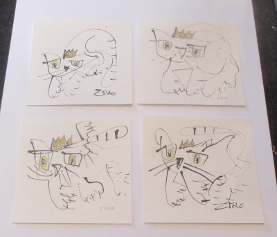4 Katzen in schwarz weiß mit Kronen , expressive Original Zeichnung auf Papier Tusche - 4 x 20x20 c