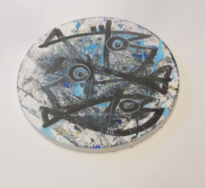 blaue Fische Original-Zeichnung auf runder Leinwand, Öl und Acryl