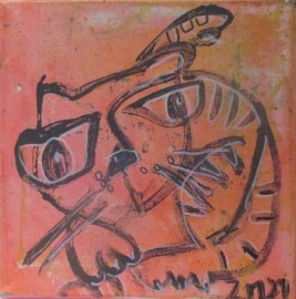Katze in Original-Malerei auf 30 cm Leinwand, Öl und Acryl