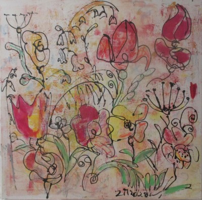 wilde Blumen expressiv gezeichnet 70x70 cm Acrylmalerei Malerei gelb pink