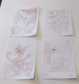 4 Katzen mit Kaffee expressive Original Zeichnung auf Papier Tusche 4x21x15 cm