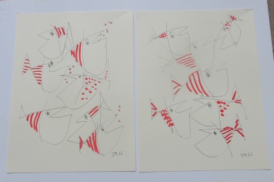 lustige Fische Duo Zeichnung Unikat 2x 40x30cm Feder-Zeichnung Acryl Tusche