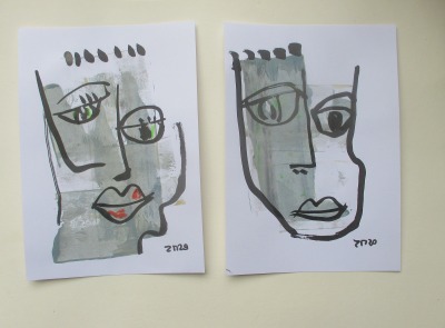 Frauenportraits expressive - 2 Zeichnungen - Tusche Gouache Aquarell 21x14 Dina5 grün grau