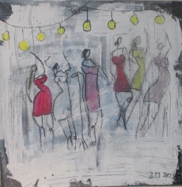Tanzende Frauen Collage und Zeichnung von Sonja Zeltner-Müller Original 40x40cm magenta