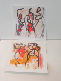 Frauen feiern 2 Original expressive Zeichnungen Tusche Gouache Acryl 21x14