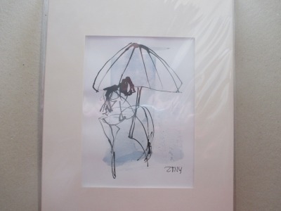 Paar unter Schirm Original Zeichnung auf Künstlerpapier 30x24 cm in PP mit Bambusfeder - farbige Tu