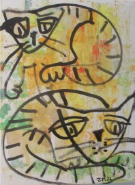 Lustige Katzen Acryll auf Leinwand, Zeichnung, original Sonja Zeltner-Müller, 40x30 cm,