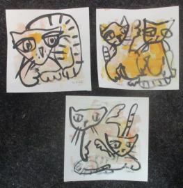 3 gelbe Katzen expressive Original Zeichnung auf Papier Tusche - 3 x 20x20 cm