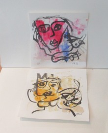 Frauen mit Katzen expressive Original 2 Zeichnungen auf Papier Tusche 2x 20x20 cm