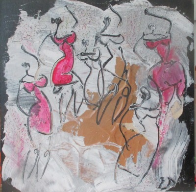 Tanzende Frauen in pink Collage und Zeichnung von Sonja Zeltner-Müller Original 40x40cm magenta