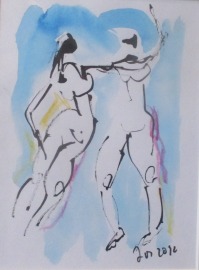 Tanz - elegante Frauen Original Zeichnung in Passepartout 24x30 cm