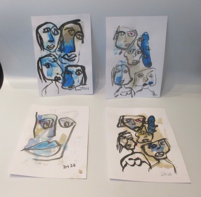 blaue Portraits - Original expressive 4 originale Zeichnung Tusche Gouache Aquarell je 21x14