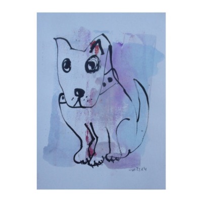 Hund - Zeichnung DinA4 blau free shipping minimalism Feder-Zeichnung Aquarelle